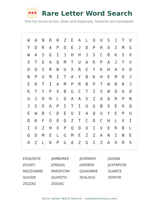 Rare letter word search to print, a 15x15 grid with quartz, zephyr, jukebox and paroxysm