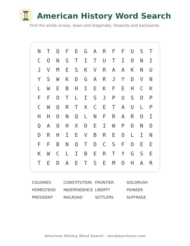 American history word search to print, a 13x13 grid with independence, constitution and gold rush
