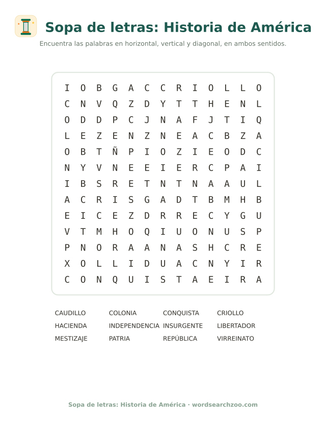 Sopa de letras de la historia de América, tablero de 13x13 con independencia y libertador