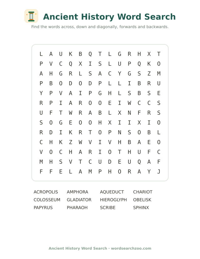 Ancient history word search to print, a 13x13 grid with pharaoh, papyrus and gladiator