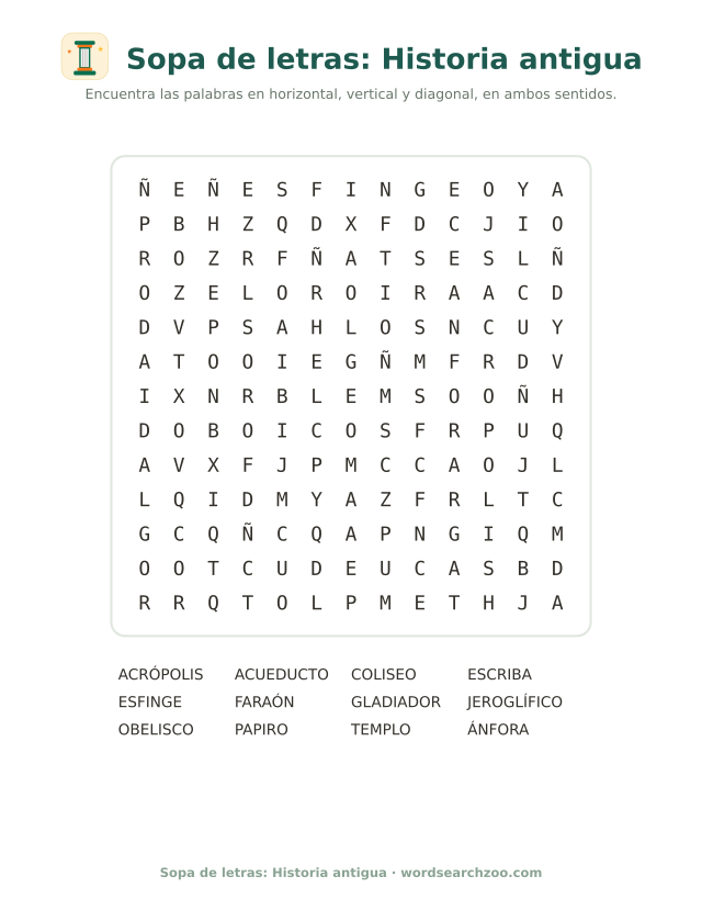 Sopa de letras de historia antigua, tablero de 13x13 con faraón, papiro y gladiador