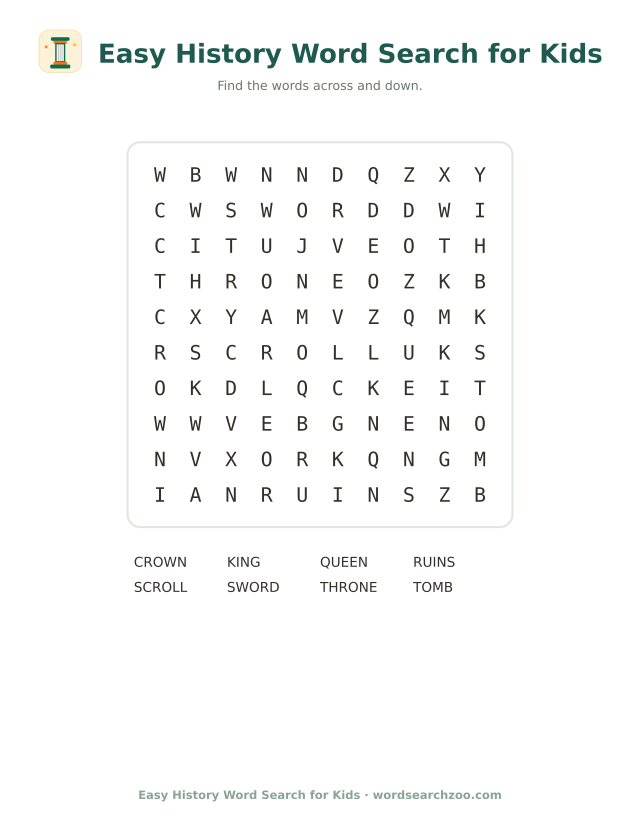 Easy history word search for kids, a 10x10 grid with king, queen and crown