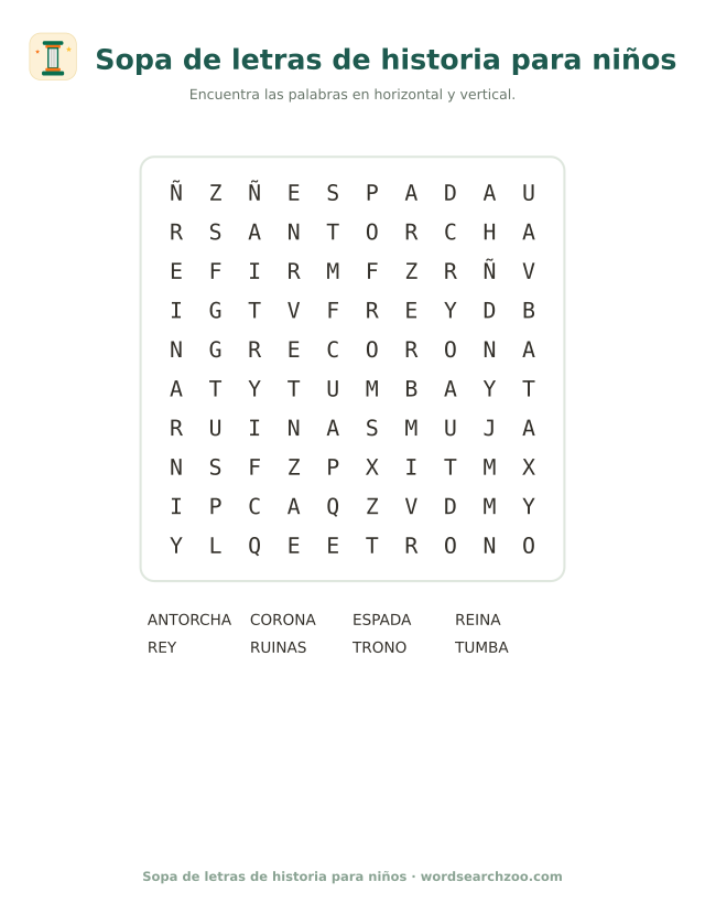 Sopa de letras de historia fácil para niños, tablero de 10x10 con rey, reina y corona