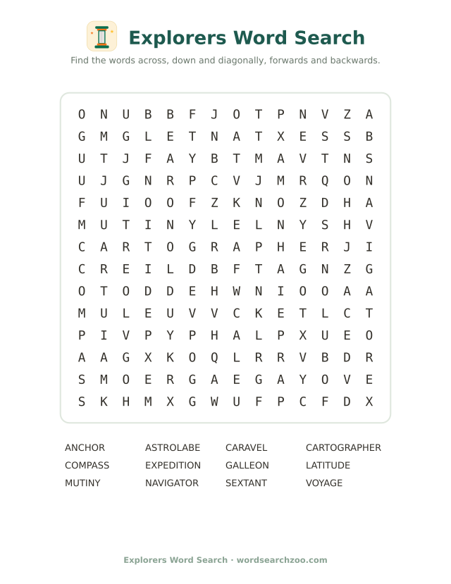 Explorers word search to print, a 14x14 grid with caravel, astrolabe and cartographer