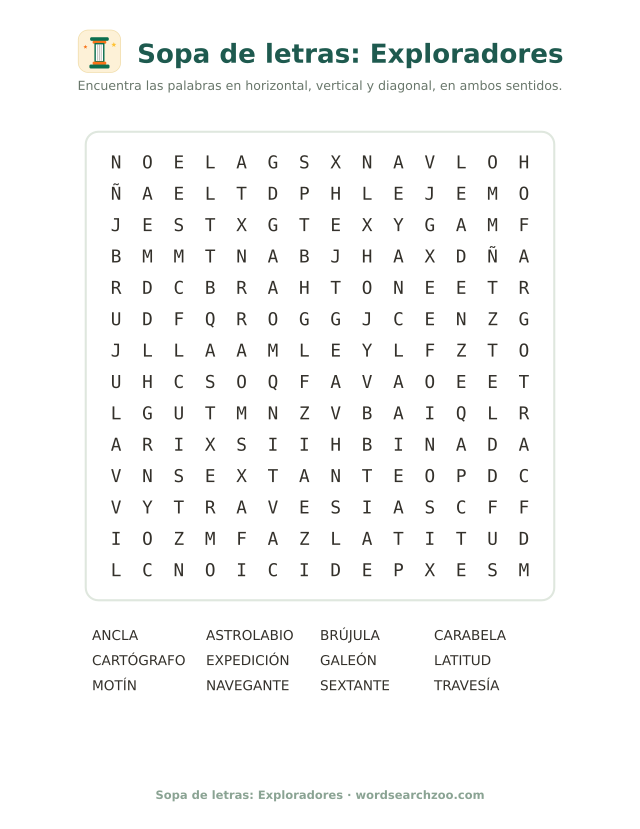 Sopa de letras de exploradores, tablero de 14x14 con carabela, astrolabio y brújula