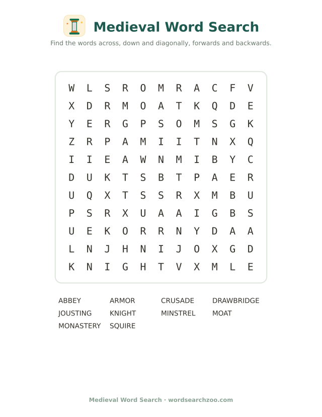 Medieval word search to print, an 11x11 grid with knight, crusade and drawbridge