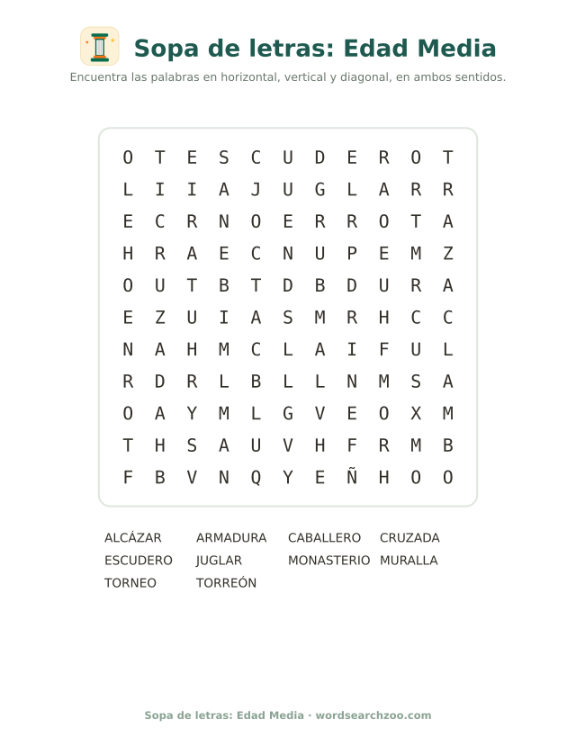 Sopa de letras de la Edad Media, tablero de 11x11 con caballero, cruzada y muralla
