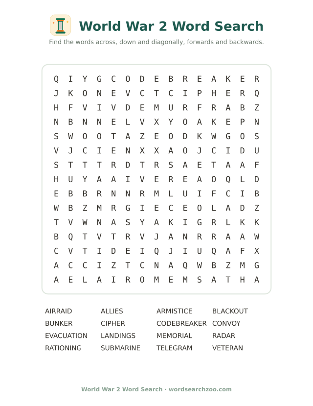 World War 2 word search to print, a 15x15 grid with rationing, blackout and codebreaker