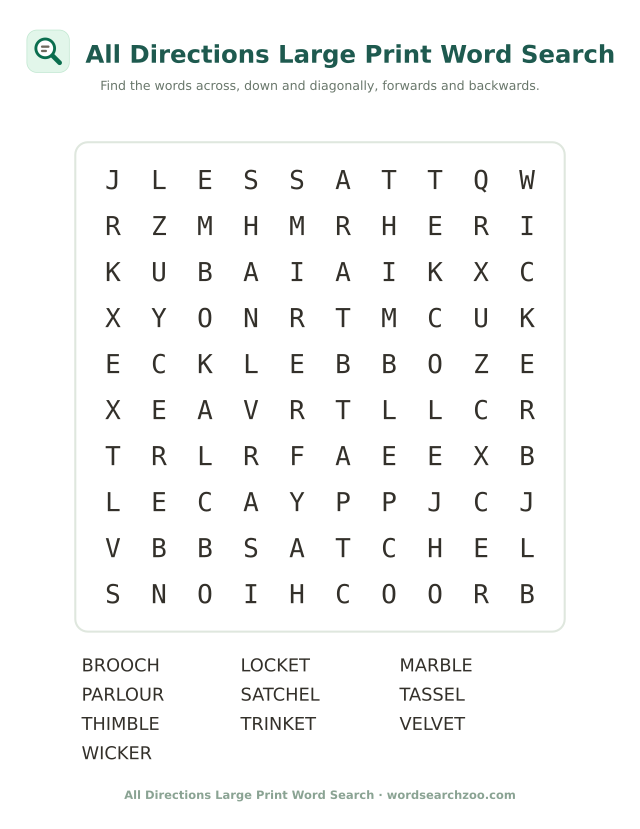 All directions large print word search, a 10x10 grid with marble, velvet and thimble