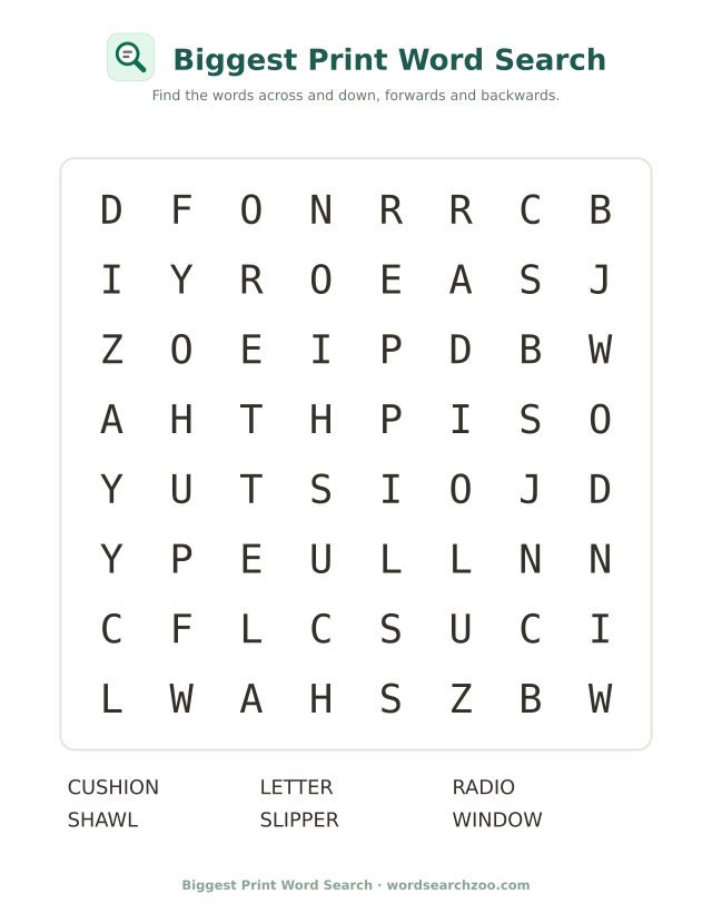 Biggest print word search to print, an 8x8 grid with window, cushion and slipper in giant letters