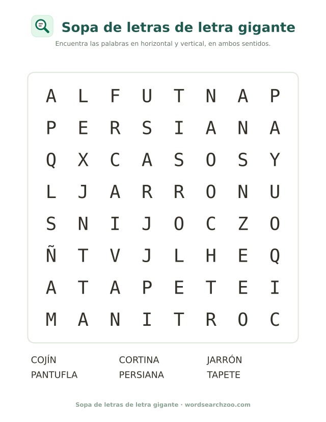 Sopa de letras de letra gigante, tablero de 8x8 con persiana, cortina y jarrón
