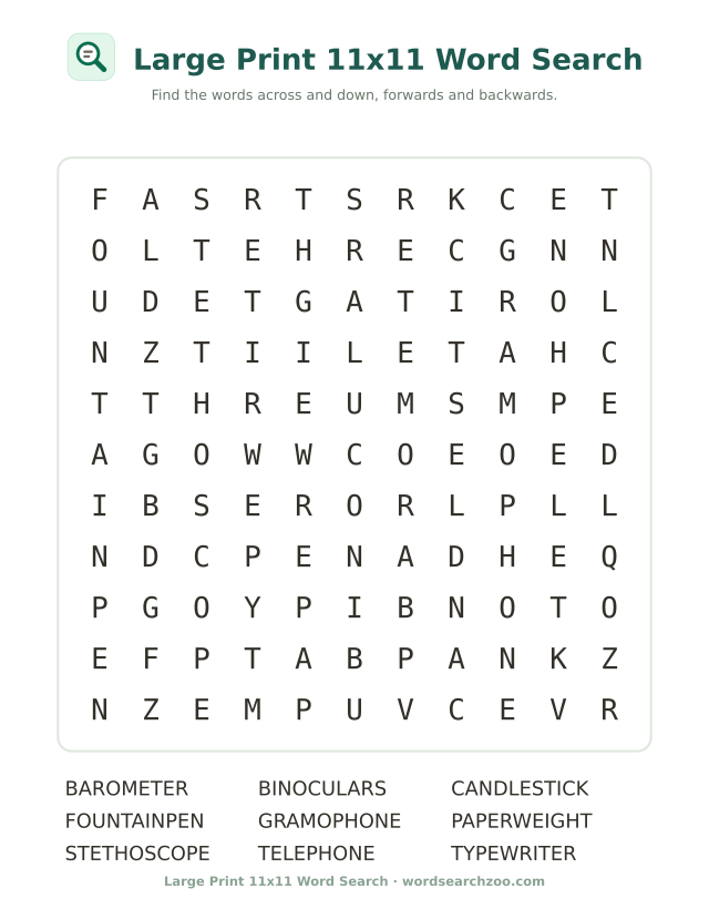 Large print 11x11 word search to print, a grid with telephone, typewriter and stethoscope