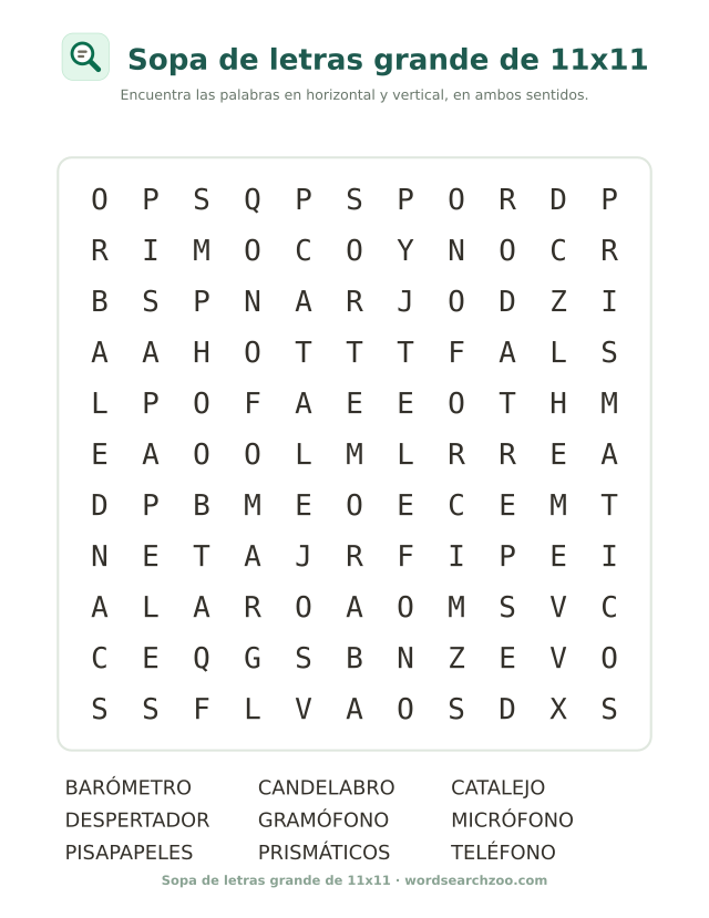 Sopa de letras grande de 11x11 con teléfono, gramófono y prismáticos