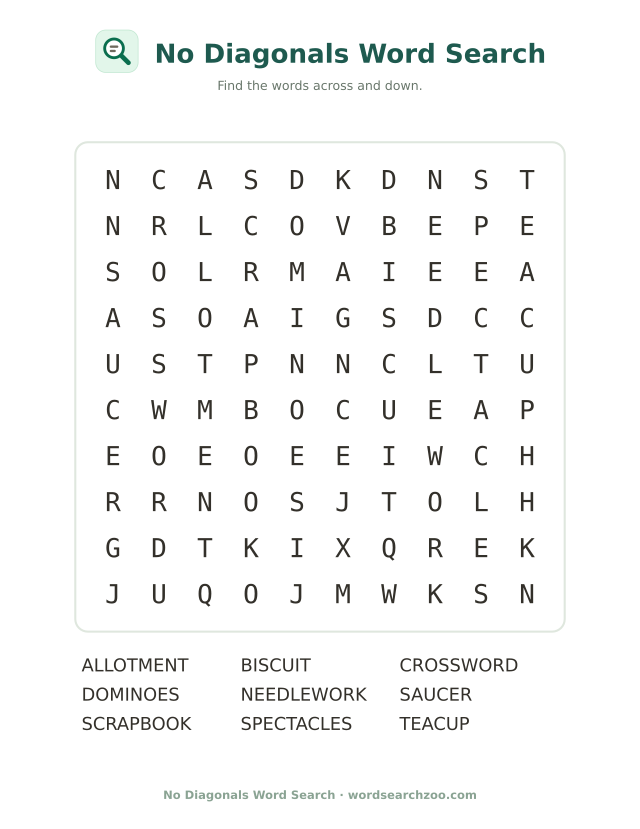 No diagonals word search to print, a 10x10 large print grid with crossword, teacup and biscuit