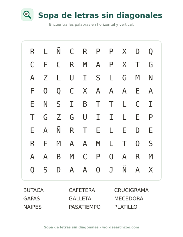 Sopa de letras sin diagonales, tablero grande de 10x10 con crucigrama, galleta y gafas