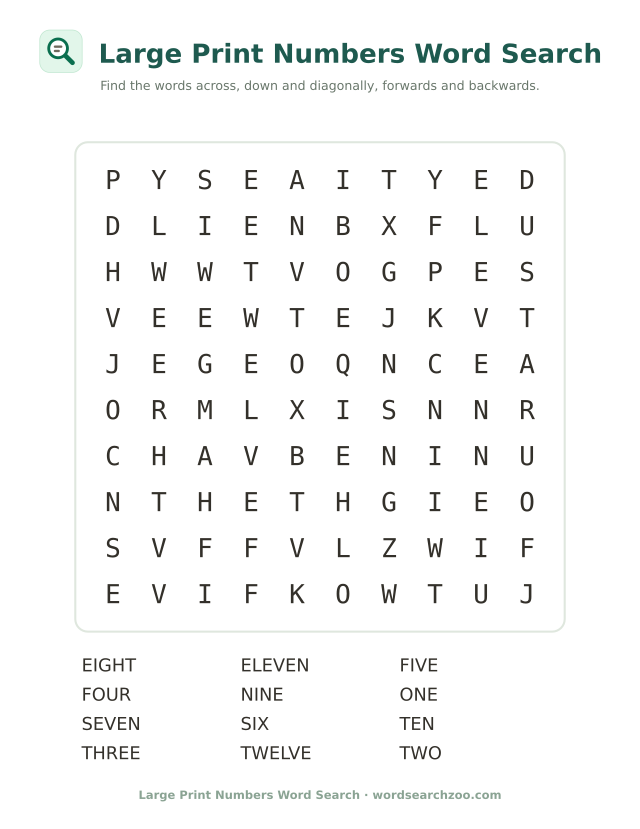 Large print numbers word search to print, a 10x10 grid with one, five, seven and twelve