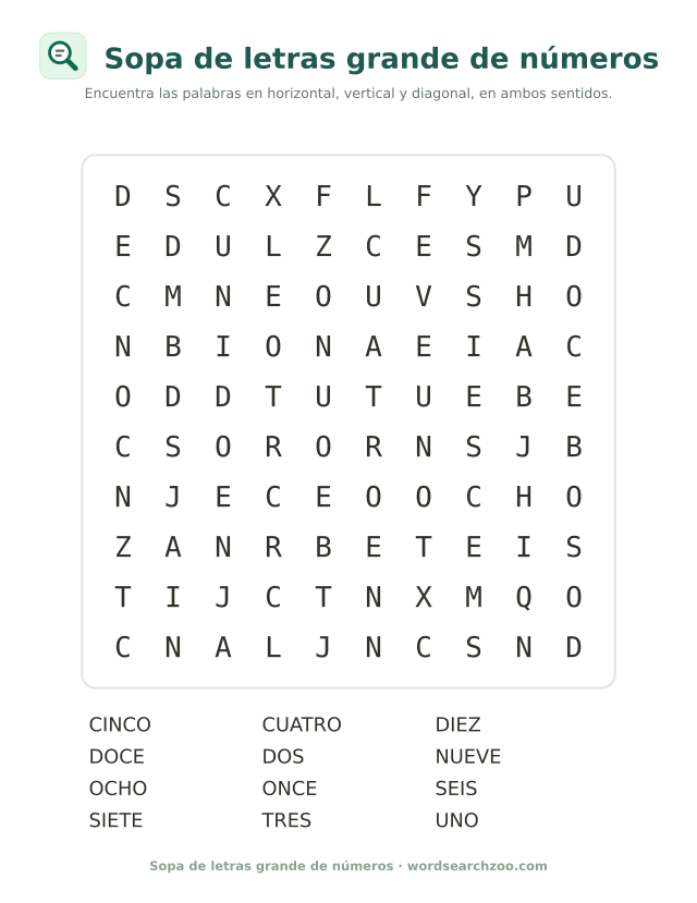 Sopa de letras grande de números, tablero de 10x10 con uno, cinco, siete y doce