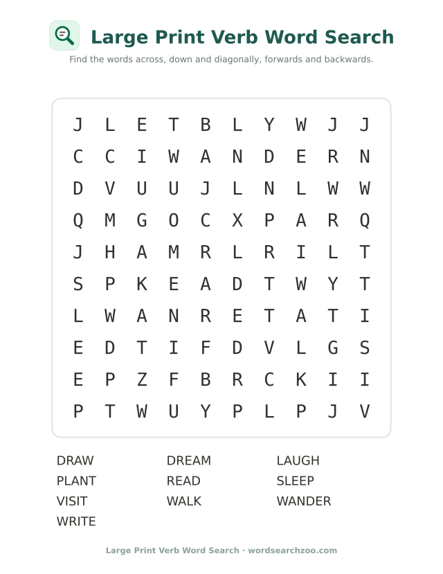 Large print verb word search to print, a 10x10 grid with walk, read, laugh and dream