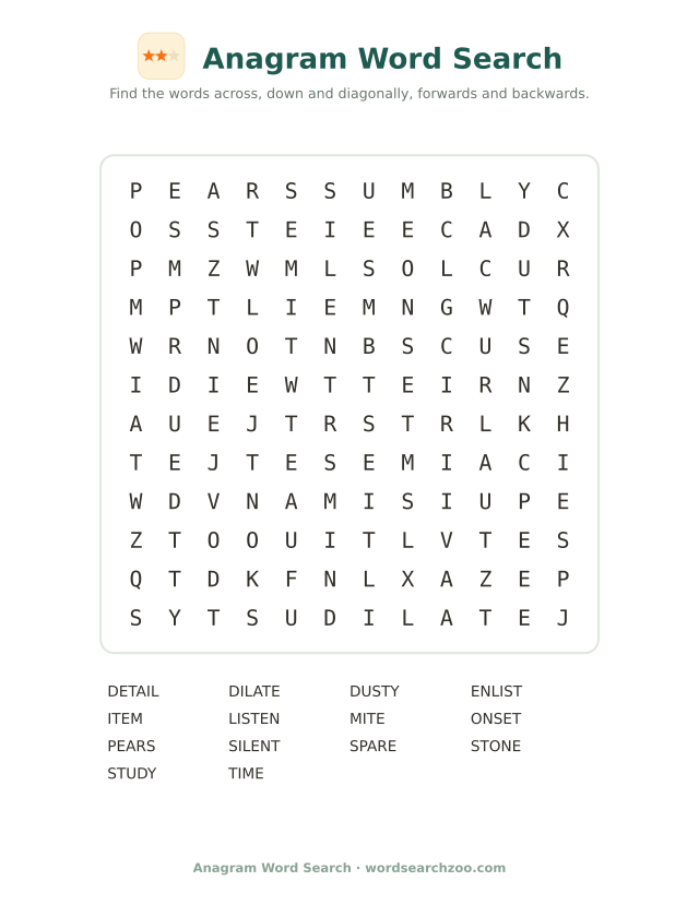 Anagram word search to print, a 12x12 grid with listen, silent, detail and dilate