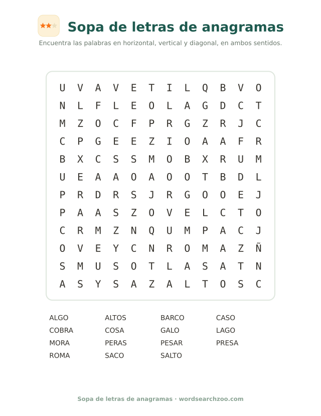 Sopa de letras de anagramas, tablero de 12x12 con lago, algo, caso y saco