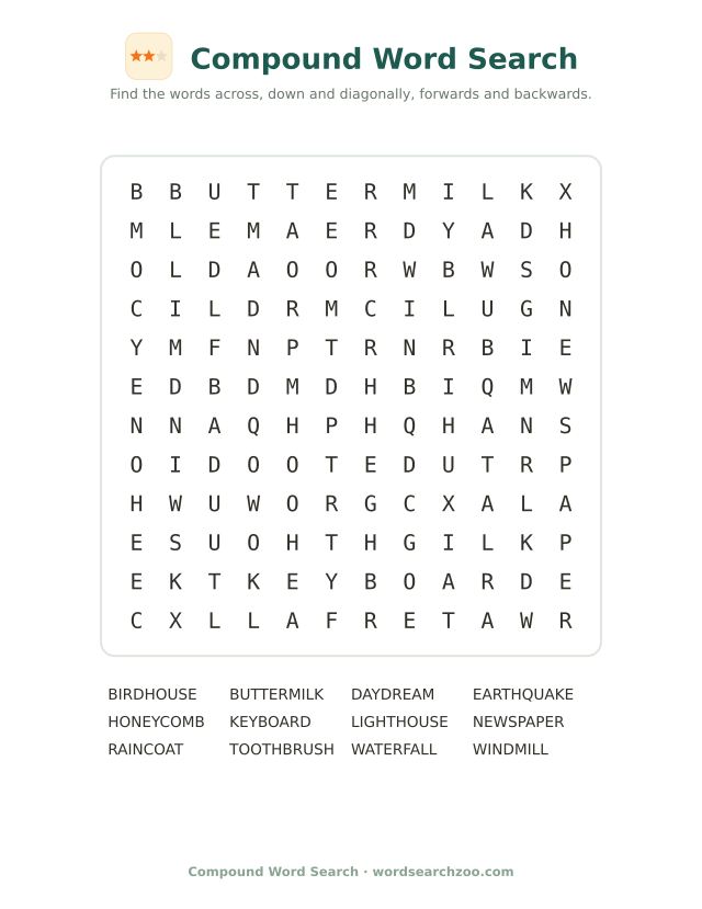 Compound word search to print, a 12x12 grid with lighthouse, waterfall and newspaper