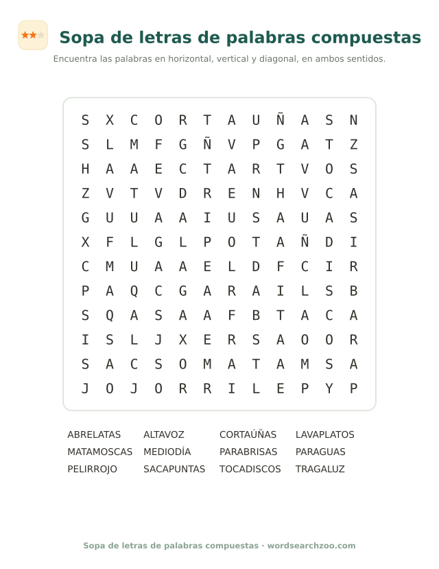 Sopa de letras de palabras compuestas, tablero de 12x12 con paraguas, sacapuntas y altavoz
