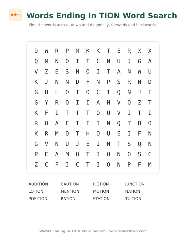 Words ending in TION word search to print, a 12x12 grid with station, junction and audition