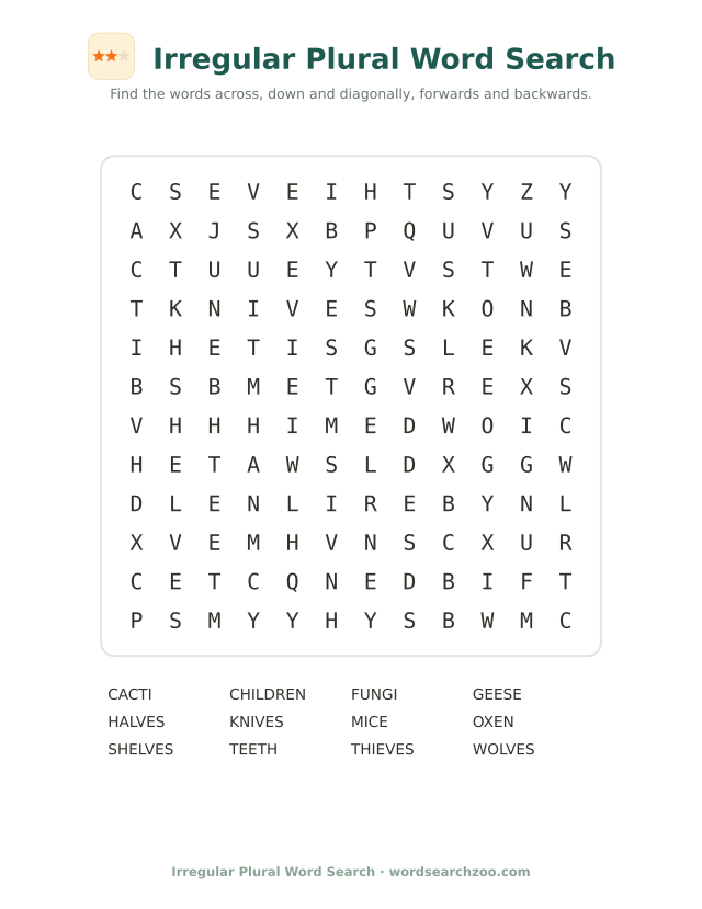Irregular plural word search to print, a 12x12 grid with children, geese, wolves and knives