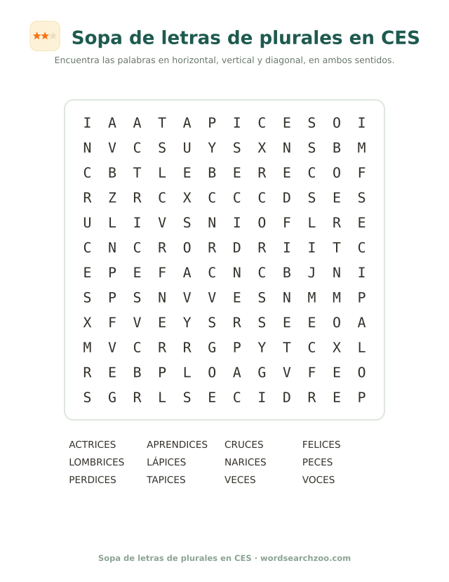 Sopa de letras de plurales en CES, tablero de 12x12 con lápices, peces, voces y cruces