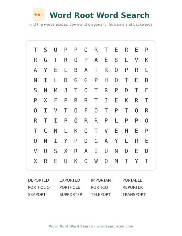 Word root word search to print, a 12x12 grid with transport, reporter and portfolio