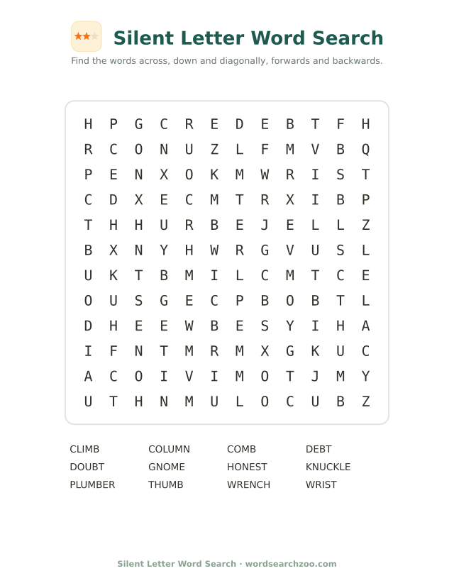 Silent letter word search to print, a 12x12 grid with wrist, thumb, gnome and plumber