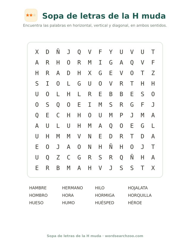 Sopa de letras de la H muda, tablero de 12x12 con hora, hueso, hormiga y hermano