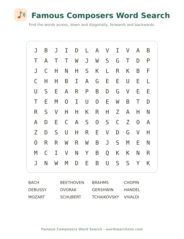 Famous composers word search to print, a 12x12 grid with Tchaikovsky, Vivaldi and Debussy
