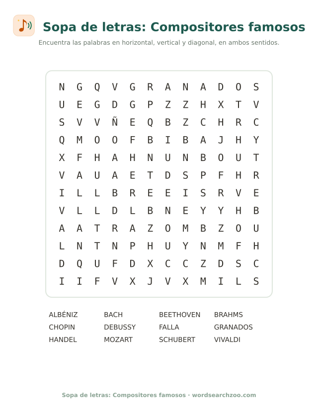 Sopa de letras de compositores famosos, tablero de 12x12 con Albéniz, Granados y Falla