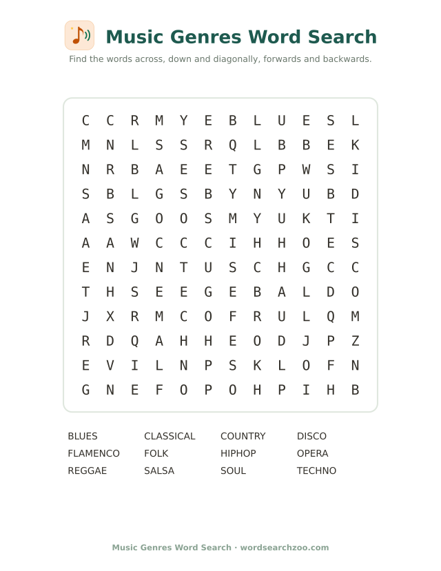 Music genres word search to print, a 12x12 grid with reggae, flamenco, techno and classical