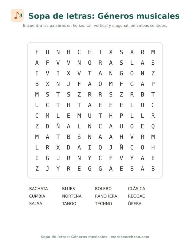 Sopa de letras de géneros musicales, tablero de 12x12 con cumbia, ranchera, bachata y bolero