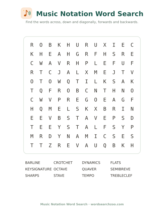 Music notation word search to print, a 12x12 grid with treble clef, crotchet and semibreve