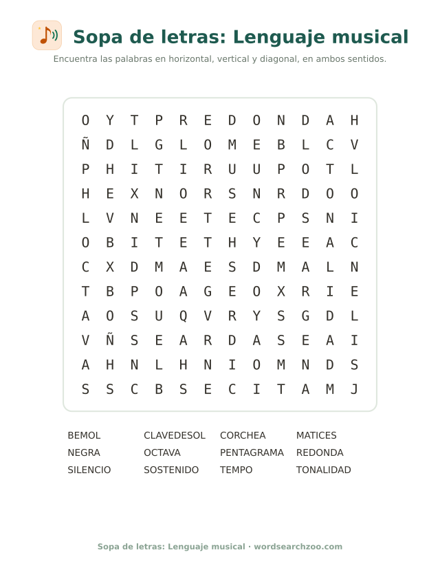Sopa de letras de lenguaje musical, tablero de 12x12 con pentagrama, corchea y sostenido