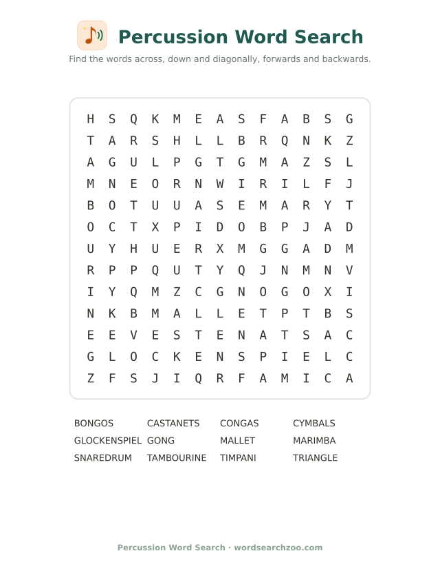 Percussion word search to print, a 13x13 grid with glockenspiel, timpani and castanets