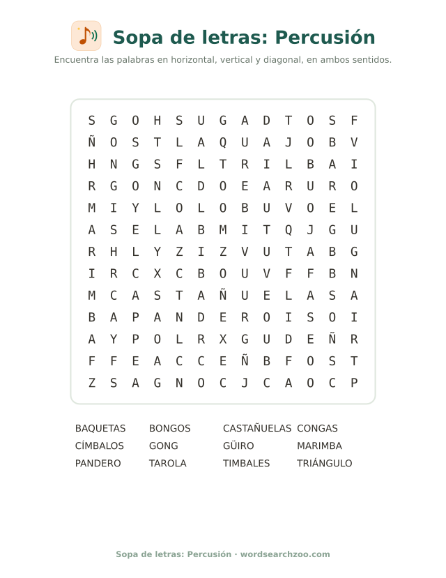 Sopa de letras de percusión, tablero de 13x13 con timbales, güiro, marimba y castañuelas
