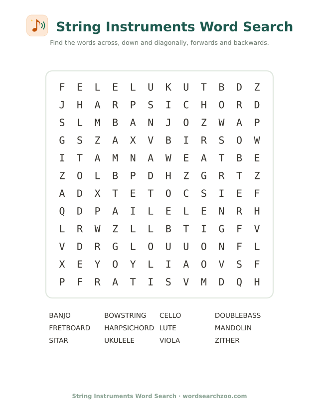 String instruments word search to print, a 12x12 grid with harpsichord, mandolin and zither