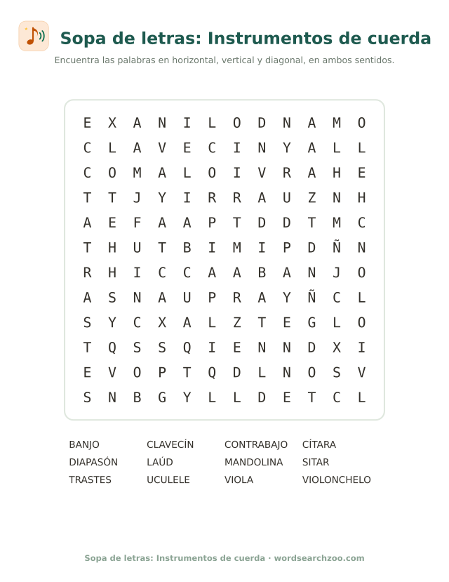Sopa de letras de instrumentos de cuerda, tablero de 12x12 con violonchelo, clavecín y laúd