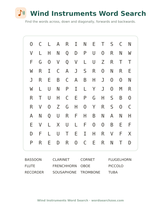 Wind instruments word search to print, a 12x12 grid with bassoon, piccolo and sousaphone