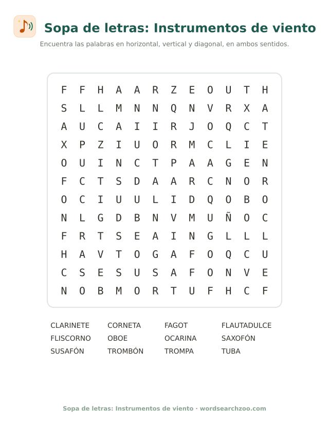 Sopa de letras de instrumentos de viento, tablero de 12x12 con fagot, trombón y fliscorno