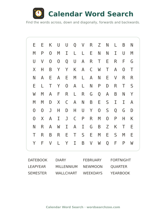 Calendar word search to print, a 13x13 grid with leap year, fortnight and wall chart