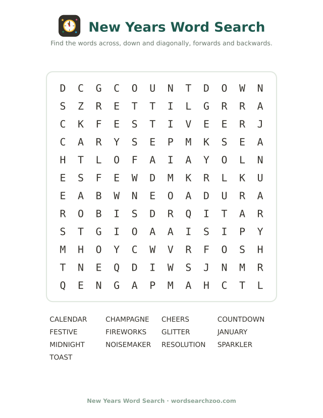 Printable New Years word search, a 12x12 grid with thirteen midnight words