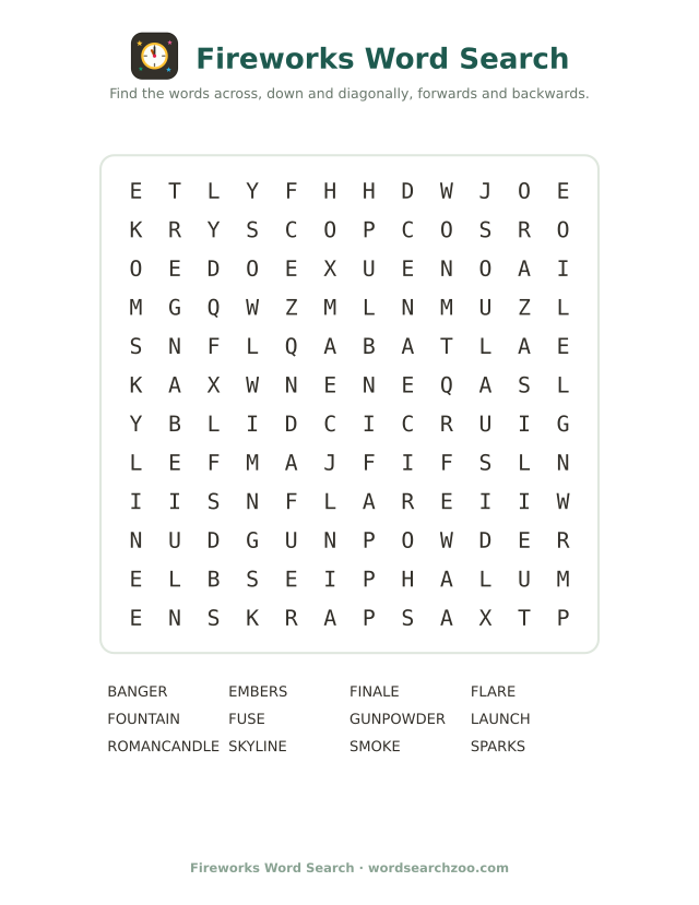 Fireworks word search to print, a 12x12 grid with roman candle, gunpowder and finale