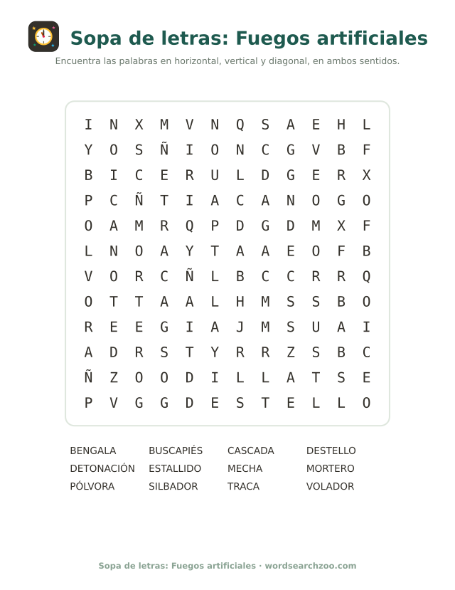 Sopa de letras de fuegos artificiales, tablero de 12x12 con bengala, buscapiés y pólvora