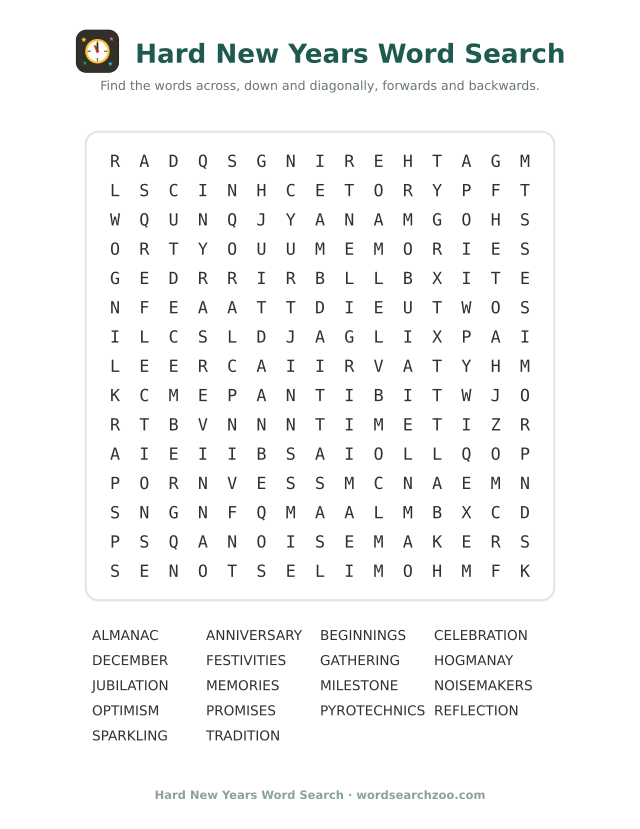 Hard New Years word search, a 15x15 printable grid with eighteen long words