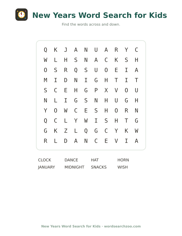 New Years word search for kids, a 10x10 printable grid with eight easy words